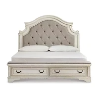 Signature Design by Ashley Realyn Upholstered Panel Bed with 2 Storage Drawers Chipped White