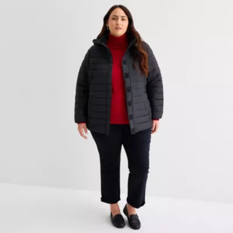 St. John's Bay Womens Plus Adaptive Hooded Easy-on + Easy-off Midweight Puffer Jacket
