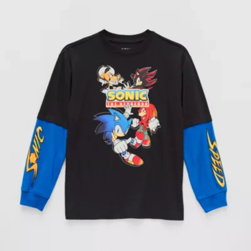 Little & Big Kid Boys Crew Neck Long Sleeve Regular Fit Sonic the Hedgehog Graphic T-Shirt