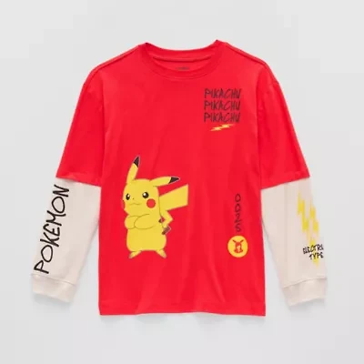 Pikachu Little & Big Kid Boys Crew Neck Long Sleeve Regular Fit Pokeman Graphic T-Shirt