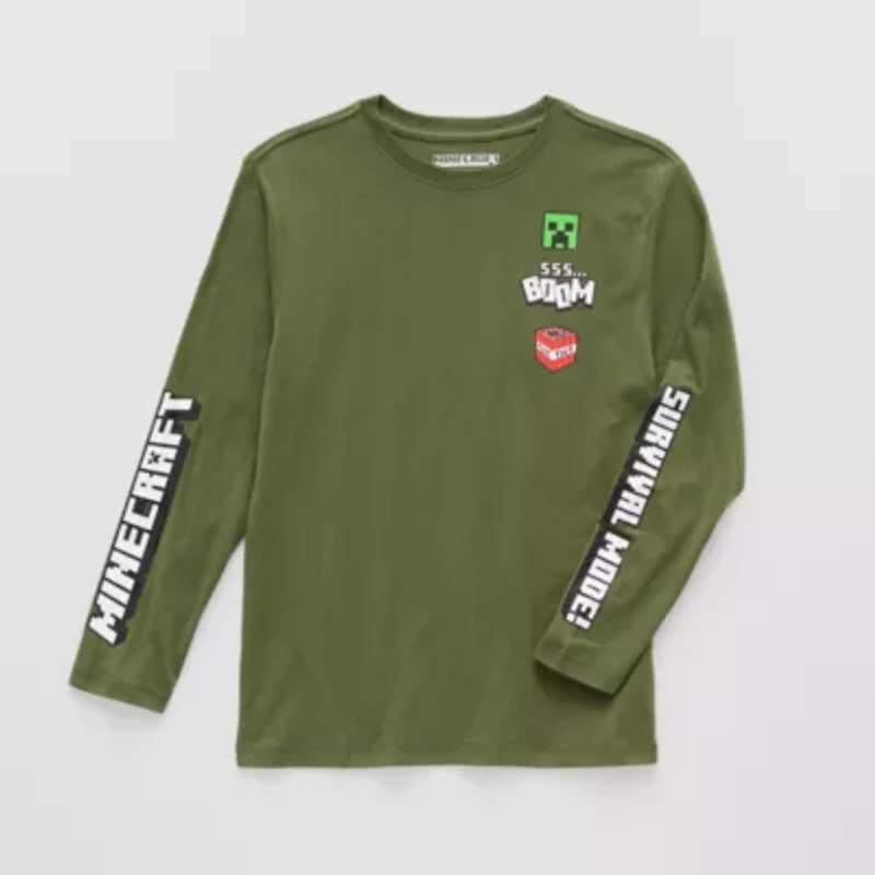 Little & Big Kid Boys Crew Neck Long Sleeve Regular Fit Minecraft Graphic T-Shirt