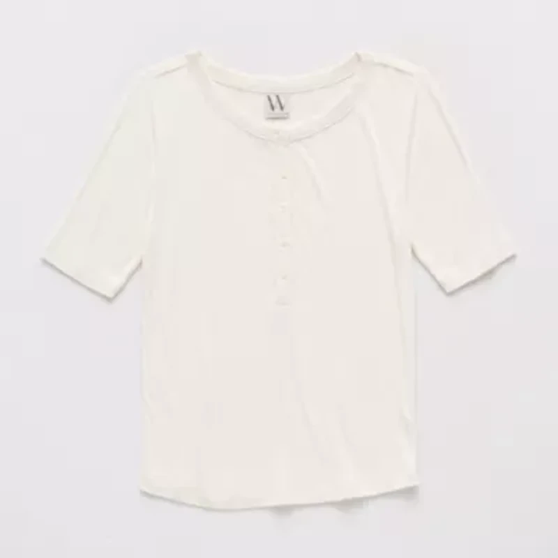 Worthington Womens Elbow Sleeve Regular Fit Henley Shirt