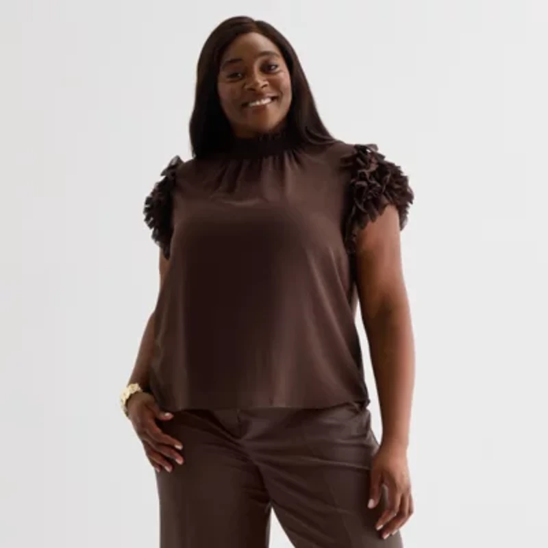 Liz Claiborne Womens Mock Neck Short Sleeve Plus Blouse