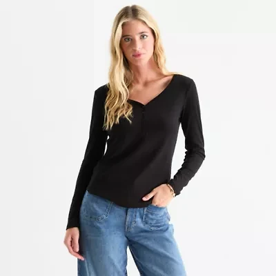 a.n.a Womens Henley Neck Long Sleeve T-Shirt