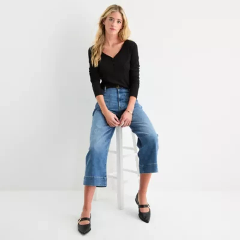 a.n.a Womens Henley Neck Long Sleeve T-Shirt