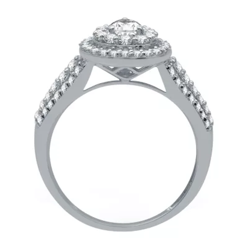 Signature By Modern Bride Womens 1 1/4 CT. T.W. Natural White Diamond 14K Gold Pear Side Stone Halo Engagement Ring