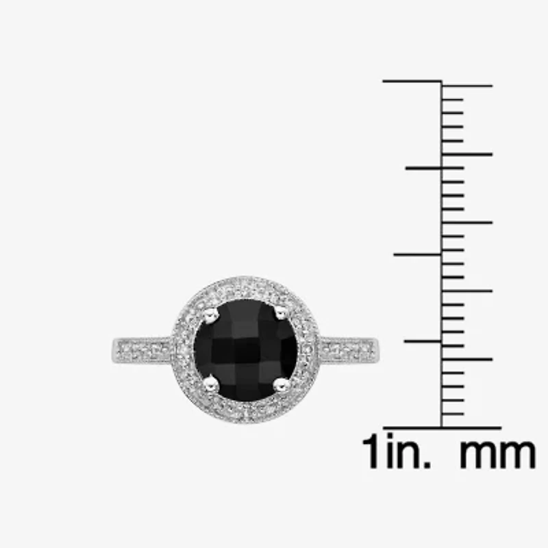 Womens Diamond Accent Genuine Black Onyx Sterling Silver Halo Cocktail Ring