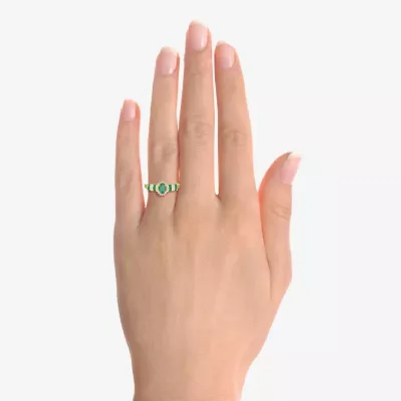 Womens 1/10 CT. T.W. Diamond & Genuine Green Emerald 10K Gold Oval Cocktail Ring