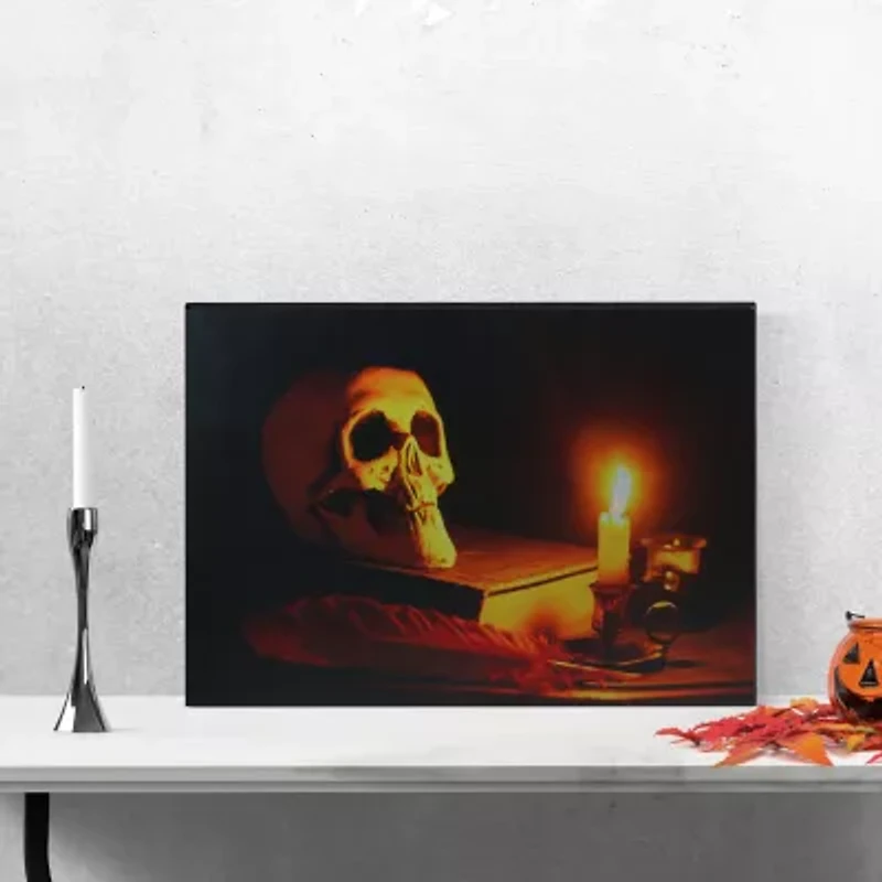 LED Lighted Skull by Flickering Candlelight Halloween Canvas Wall Art 12in x 15.75in