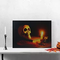 LED Lighted Skull by Flickering Candlelight Halloween Canvas Wall Art 12in x 15.75in
