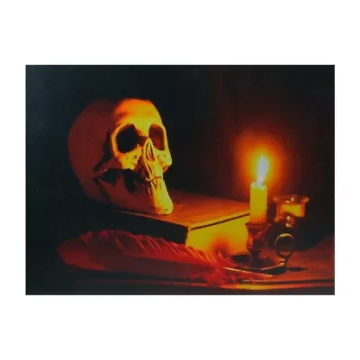 LED Lighted Skull by Flickering Candlelight Halloween Canvas Wall Art 12in x 15.75in