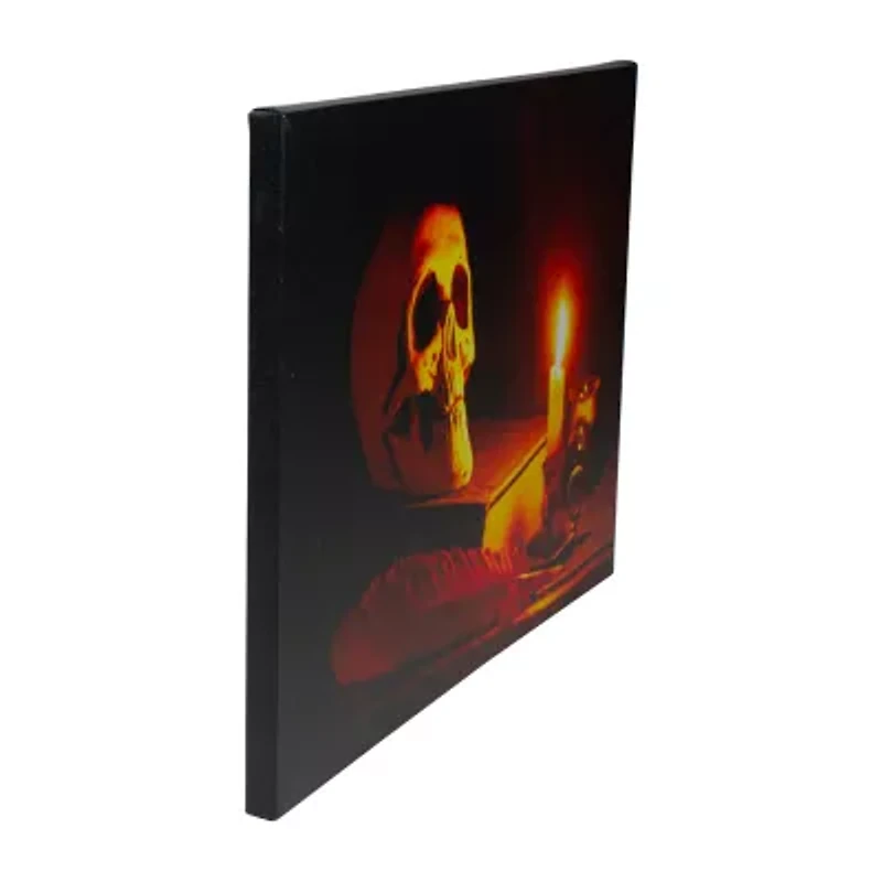 LED Lighted Skull by Flickering Candlelight Halloween Canvas Wall Art 12in x 15.75in