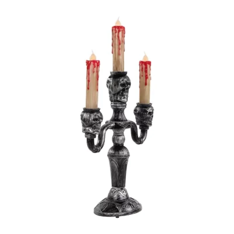 13.75'' Antique Silver Skull Trio Halloween Candelabra