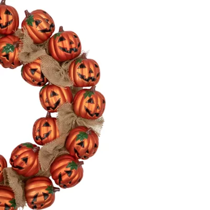 Jack-O-Lantern and Burlap Ribbon Halloween Wreath 20-Inch Unlit