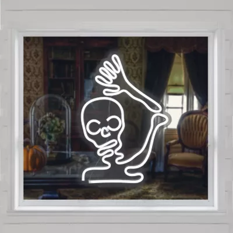 15'' White LED Lighted Neon Style Skeleton Halloween Window Silhouette