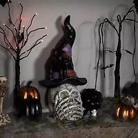 Northlight 22.75in Skull In Witch Hat With Black Cat Halloween Tabletop Decor