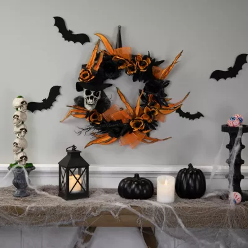 Northlight 14in Skull With Black And Orange Roses Wreath