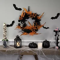 Northlight 14in Skull With Black And Orange Roses Wreath