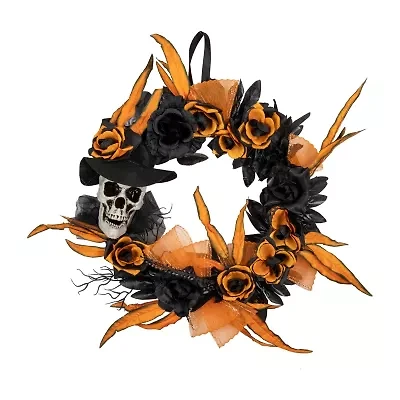 Northlight 14in Skull With Black And Orange Roses Wreath