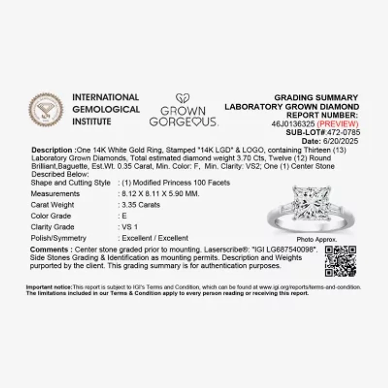 Grown Gorgeous (F, Vs2) Womens 3 3/4 CT. T.W. Lab White Diamond 14K Gold or Platinum Princess-cut Engagement Ring