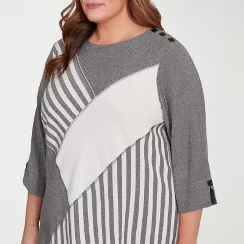 Alfred Dunner Santa Barbara Womens Crew Neck 3/4 Sleeve Plus T-Shirt