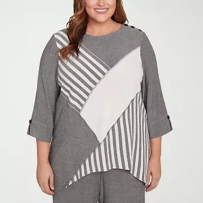 Alfred Dunner Santa Barbara Womens Crew Neck 3/4 Sleeve Plus T-Shirt