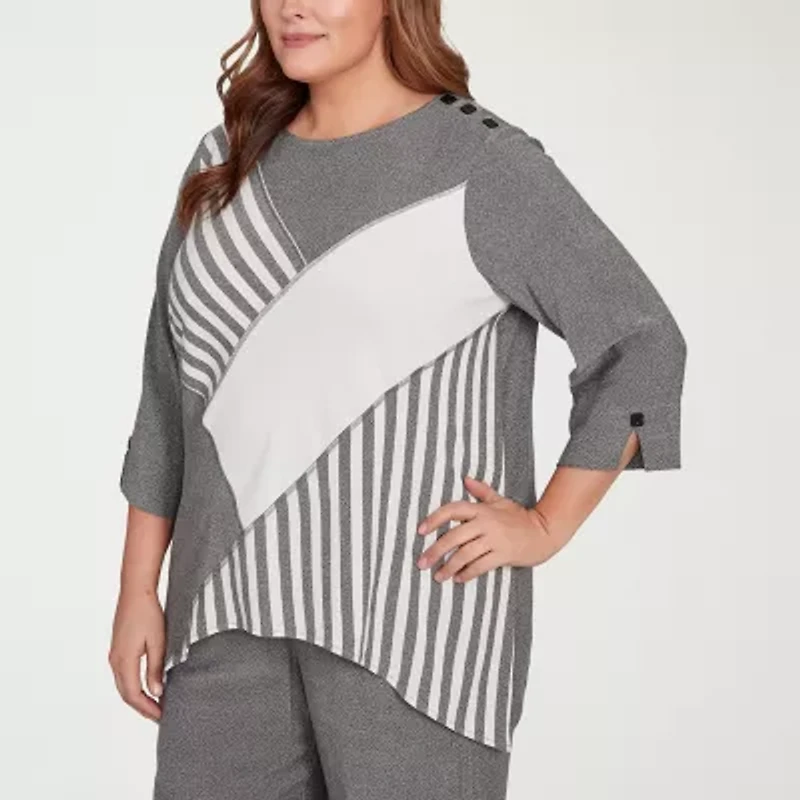 Alfred Dunner Santa Barbara Womens Crew Neck 3/4 Sleeve Plus T-Shirt