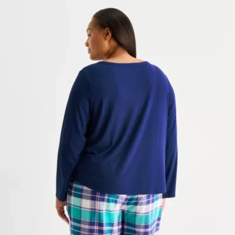 Sleep Chic Womens Rib Round Neck Long Sleeve Plus Pajama Top