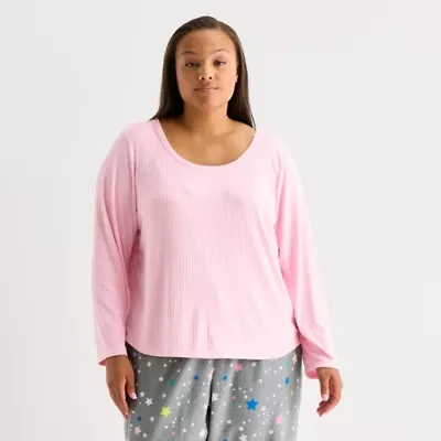Sleep Chic Womens Rib Round Neck Long Sleeve Plus Pajama Top