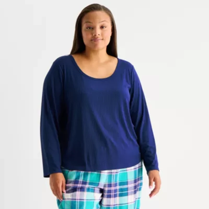 Sleep Chic Womens Rib Round Neck Long Sleeve Plus Pajama Top