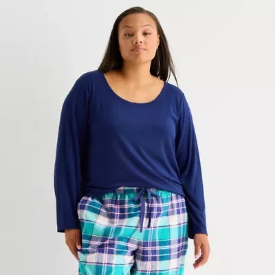 Sleep Chic Womens Rib Round Neck Long Sleeve Plus Pajama Top