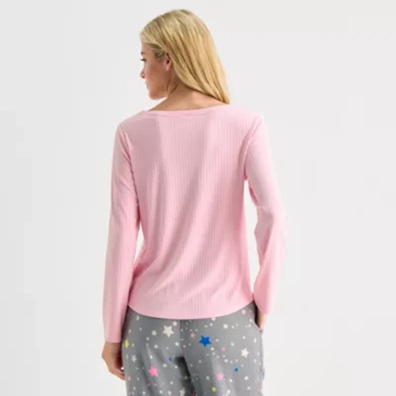 Sleep Chic Womens Rib Round Neck Long Sleeve Pajama Top