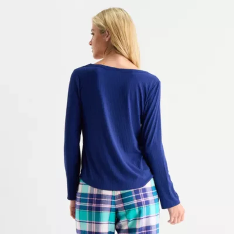 Sleep Chic Womens Rib Scoop Neck Long Sleeve Pajama Top