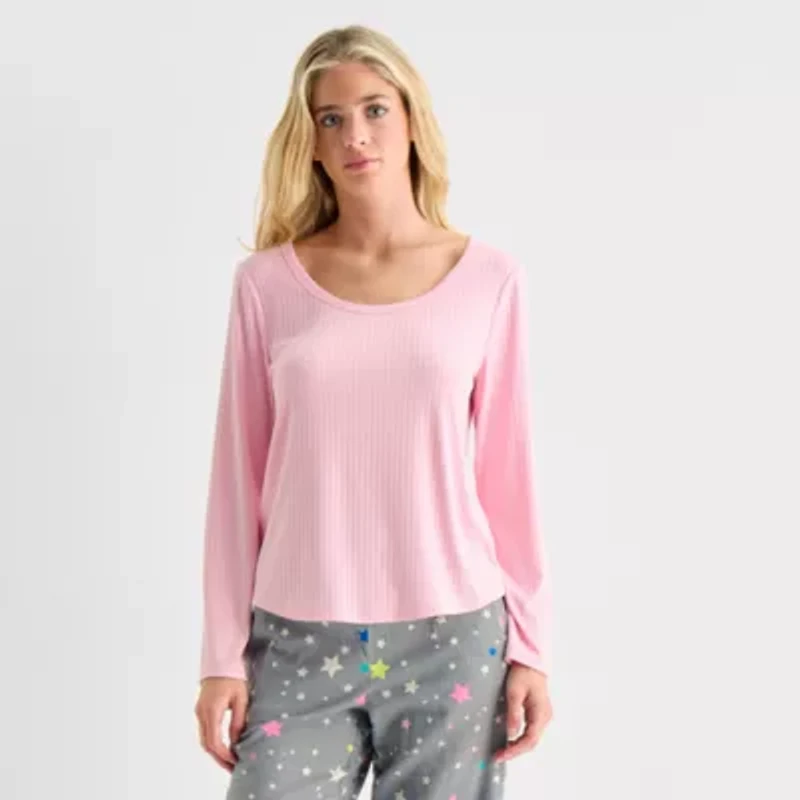 Sleep Chic Womens Rib Round Neck Long Sleeve Pajama Top