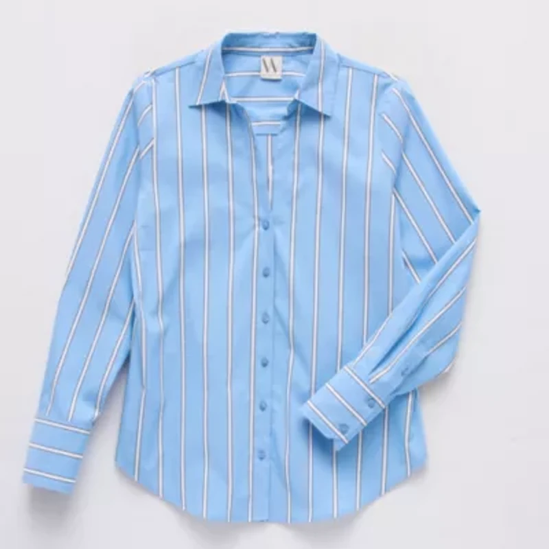 Worthington Womens Cuffed Long Sleeve Fitted Poplin Button-Down Shirt