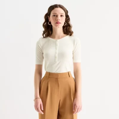 Worthington Womens Elbow Sleeve Regular Fit Henley Shirt