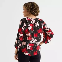 Liz Claiborne Womens V Neck 3/4 Sleeve Satin Blouse