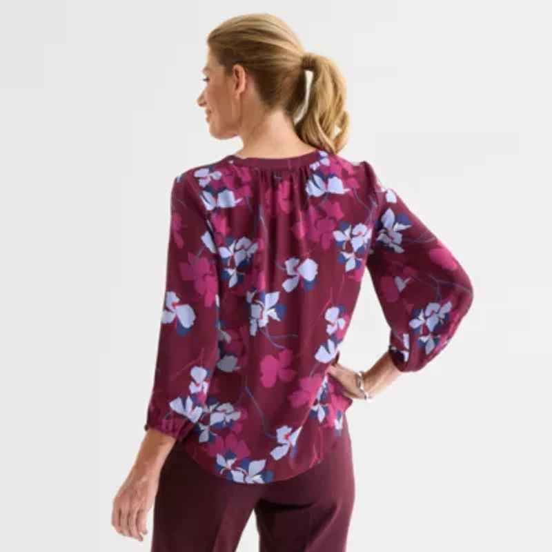 Liz Claiborne Womens V Neck 3/4 Sleeve Satin Blouse