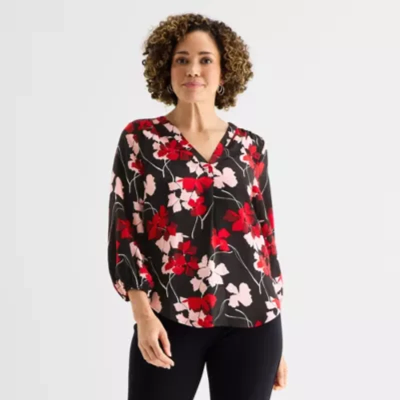 Liz Claiborne Womens V Neck 3/4 Sleeve Satin Blouse