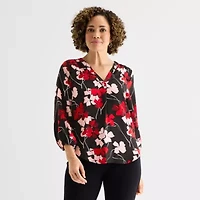 Liz Claiborne Womens V Neck 3/4 Sleeve Satin Blouse