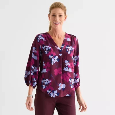 Liz Claiborne Womens V Neck 3/4 Sleeve Satin Blouse