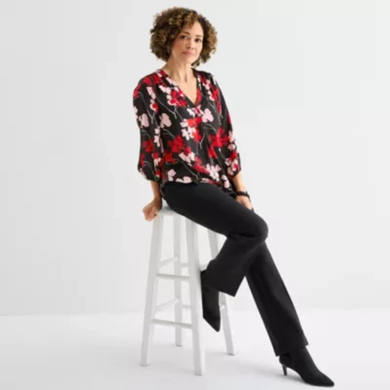 Liz Claiborne Womens V Neck 3/4 Sleeve Satin Blouse