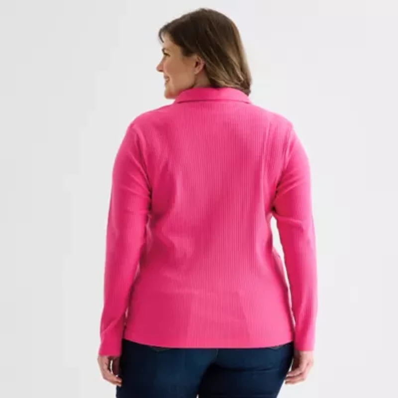 St. John's Bay Womens Plus Long Sleeve Rib Polo Shirt