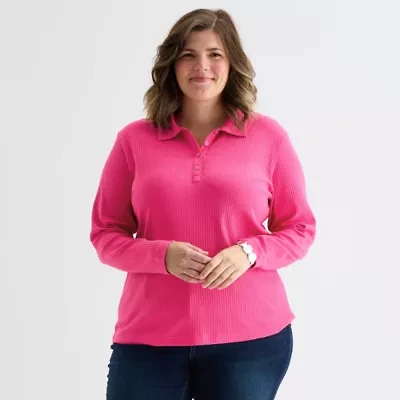 St. John's Bay Womens Plus Long Sleeve Rib Polo Shirt