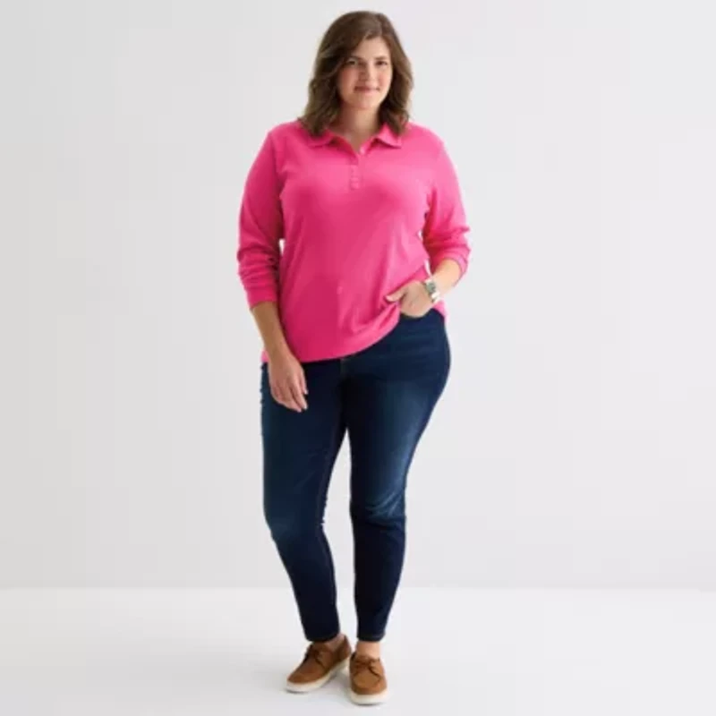 St. John's Bay Womens Plus Long Sleeve Rib Polo Shirt