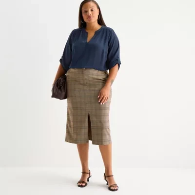 Worthington Womens Plus Split Crew Neck 3/4 Sleeve Blouse