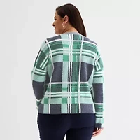 Liz Claiborne Plus Womens Crew Neck Long Sleeve Plaid Pullover Sweater
