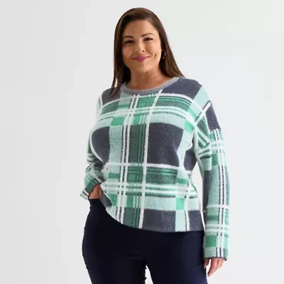 Liz Claiborne Plus Womens Crew Neck Long Sleeve Plaid Pullover Sweater