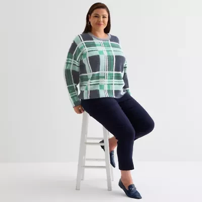 Liz Claiborne Plus Womens Crew Neck Long Sleeve Plaid Pullover Sweater