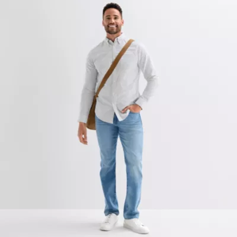 St. John's Bay Washed Oxford Mens Long Sleeve Classic Fit Stretch Fabric Button-Down Shirt